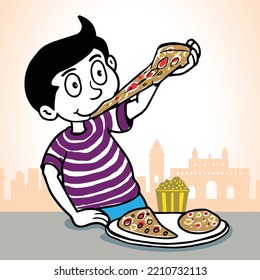 vector illustration of a cute boy eating pizza.