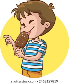 Vector illustration of cute boy eating ice cream in waffle cone