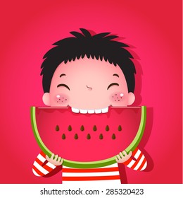 A vector illustration of cute boy eating watermelon