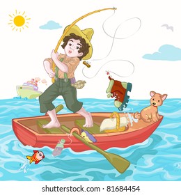 Ilustración vectorial, pesca de niños lindos, concepto de caricatura.