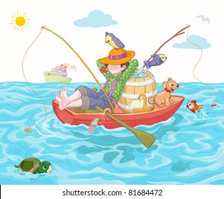 Ilustración vectorial, pesca de niños lindos, concepto de caricatura.