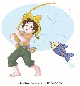 Vector illustration, cute boy fishing, cartoon concept, white background.
