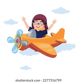 Vector illustration of a cute boy flying in a helicopter in the sky among the clouds. A cartoon scene with a smiling boy waving his hands from a helicopter isolated on a white background.