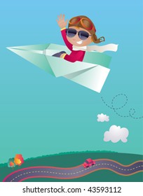 Vector illustration of a cute boy flying  a giant paper plane. Goggles and sunglasses are in different layers... maybe just one pair of eye-wear is enough? :-)