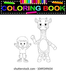 vector illustration of cute boy and giraffe coloring book
