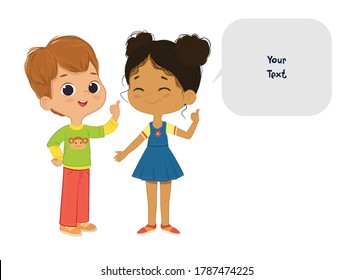 Vector illustration of the cute boy and girl pointing at a bubble with place for text. Preschool children boy and girl. School kids and speech bubble with place for text isolated on white background..