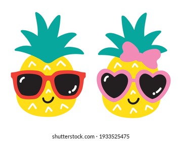 Vector illustration of cute boy and girl summer pineapple with heart shaped sunglasses.