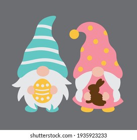 Vector illustration of cute boy and girl Easter gnome couple holding Easter egg and chocolate bunny.