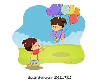 Vector illustration with cute boy and cute girl in a children's style, Cute girl fly on colorful balloons and boyfriend runs after, Lifestyle concept on Valentine's Day theme.