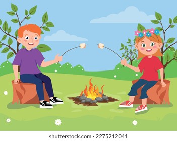 Vector illustration of a cute boy and girl on a picnic in nature. A cartoon scene with a boy and a girl sitting by a campfire on a lawn and roasting marshmallows isolated on a white background.