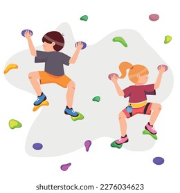 Vector illustration of cute boy and girl rock climbers. Cartoon scene of boy and girl climbing up a climbing wall, holding on to hooks isolated on white background. Training on a climbing wall.