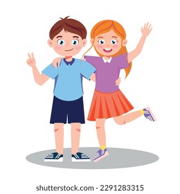 Vector illustration of cute boy and girl friends hugging. Cartoon scene with smiling boy showing victory sign and girl waving hand and hugging isolated on white background.