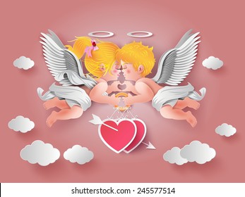 Vector illustration of cute boy and girl cupids. paper art style.