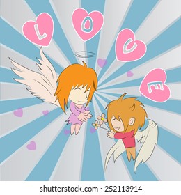 Vector illustration of cute boy and girl cupids. paper cut style.
