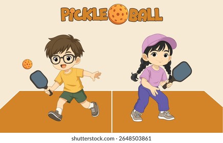 vector illustration cute boy and girl playing pickle ball