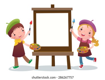 A vector illustration of cute boy and girl with painting canvas