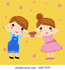Vector illustration of cute boy and girl with cake