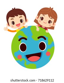Vector illustration of cute boy and girl character with happy Earth globe isolated on white background.
