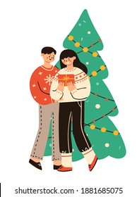 Vector illustration of a cute boy giving his girlfriend a Christmas gift. Happy winter holiday scene by a Christmas tree in colorful cartoon style. Elements are isolated.