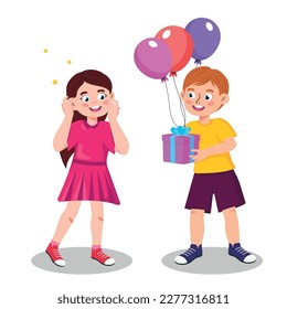 Vector illustration of a cute boy giving a gift to a girl. A cartoon scene with a smiling boy congratulating on the holiday and giving a girl a gift and balloons isolated on a white background.