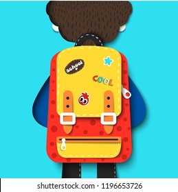 Vector Illustration Of Cute Boy Going To School. Paper Cut Cartoon Kid Carries Cool Backpack With Patches, Modern Origami Style Design. Creative Paper Art, Education Concept