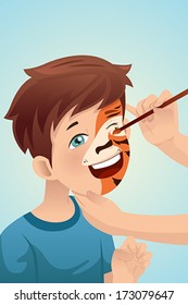 A vector illustration of cute boy having his face painted as a tiger