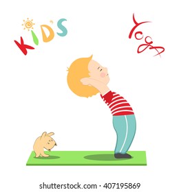 Vector illustration of cute boy and his cat doing yoga. Cartoon stylized children's yoga poster with kid and kitten. Child and kitten practicing yoga together.
