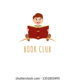 Vector illustration of cute boy  holding an open book.  Logo design template for presentation, logo, education class, book club.