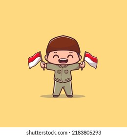 ilustración vectorial de un chico lindo con dos banderas indonesias con ropa de héroe