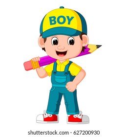 vector illustration of cute boy holding big pencil