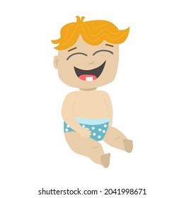 Vector illustration of a cute boy laughs. A child 6, 7, 8 months who has grown two teeth laughs