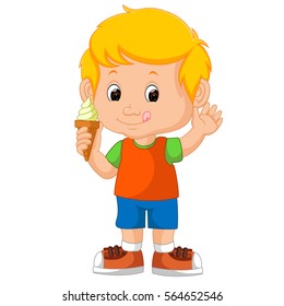 vector illustration of Cute boy licking ice cream