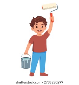 Vector illustration of cute boy with mop and bucket of water cleaning cartoon style perfect for ecology protection environment and sustainability awareness designs