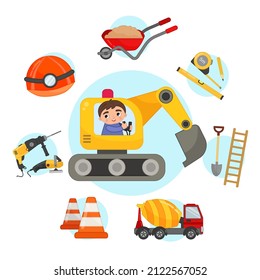 Vector Illustration Of A Cute Boy On A Backhoe. Construction Icons Set In Cartoon Style.
