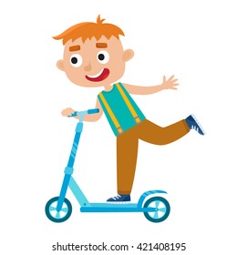 Vector illustration of  cute boy on scooter riding kick scooter outdoors. Summer break, boy with scooter isolated on white background. Happy child.