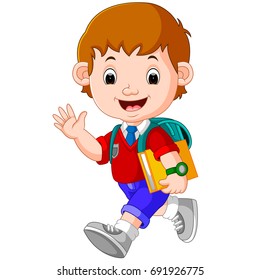 vector illustration of Cute boy on his way to school