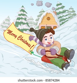 Vector illustration, cute boy on sleigh, banner concept.