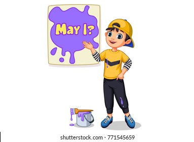 Vector illustration of Cute boy painting a board of 'May I'  text