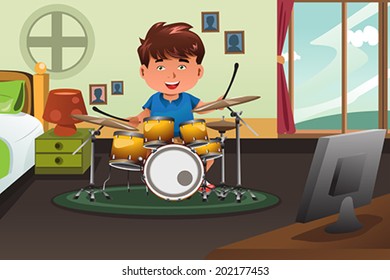 A vector illustration of cute boy practicing drum at home