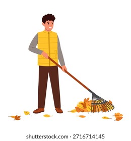 Vector illustration of a cute boy raking leaves. Cartoon scene of a smiling boy dressed in a yellow vest, jacket, pants, raking with a rake of fallen dry autumn leaves isolated on a white background.
