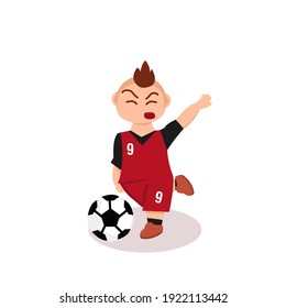Ilustración vectorial de Cute Boy con uniforme rojo patea un fútbol de fútbol. Con uniforme rojo. Bien por el contenido de fútbol. Caricatura plana de diseño plano aislado en blanco