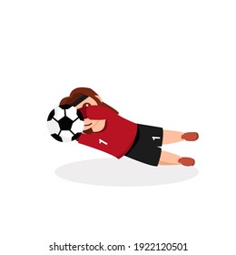 Vector illustration of Cute Boy in red goalkeeper uniform catch  a ball. soccer football.Good for soccer football content. Flat cartoon flat design flat character isolated  on white