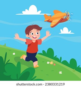 Vector illustration of a cute boy running after an airplane. Cartoon scene with a happy and smiling boy with outstretched arms running after an airplane on a field with flowers and bushes.