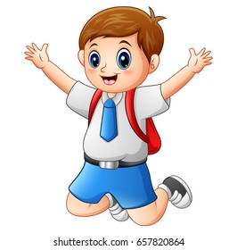 Vector illustration of A cute boy in a school uniform is jumping