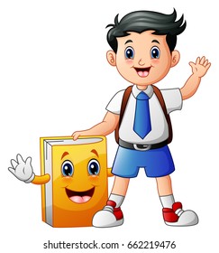 Vector illustration of a cute boy in a school uniform with book cartoon character