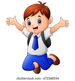 Vector illustration of a cute boy in a school uniform jumping