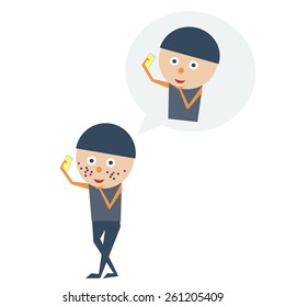 Vector illustration of cute boy  selfie  with mobile phone