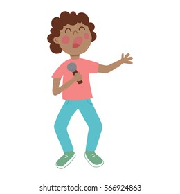 vector illustration of a cute boy singing a song with microphone in his arms