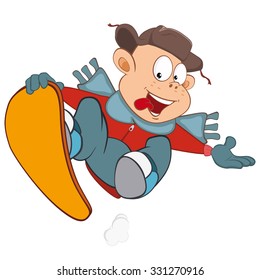 Vector Illustration of Cute Boy Snowboarding. Cartoon Character