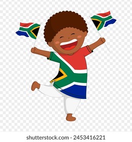 Vector illustration of cute boy with South Africa flags in hand on transparent background